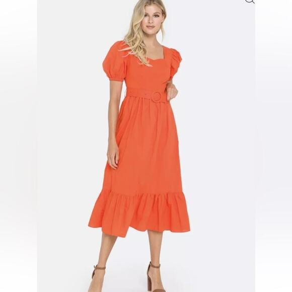 Endless Rose Orange Puff Sleeve Belted Tiered Midi Dress‎ Size S - Picture 9 of 11
